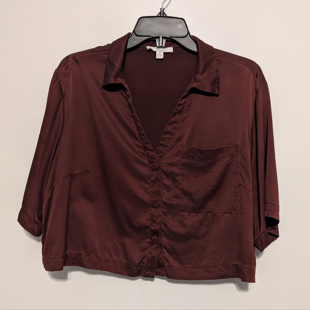 LUNYA Red Burgundy Silk Cropped Button Down Pajama Top Sleep Lounge Shirt Size M
